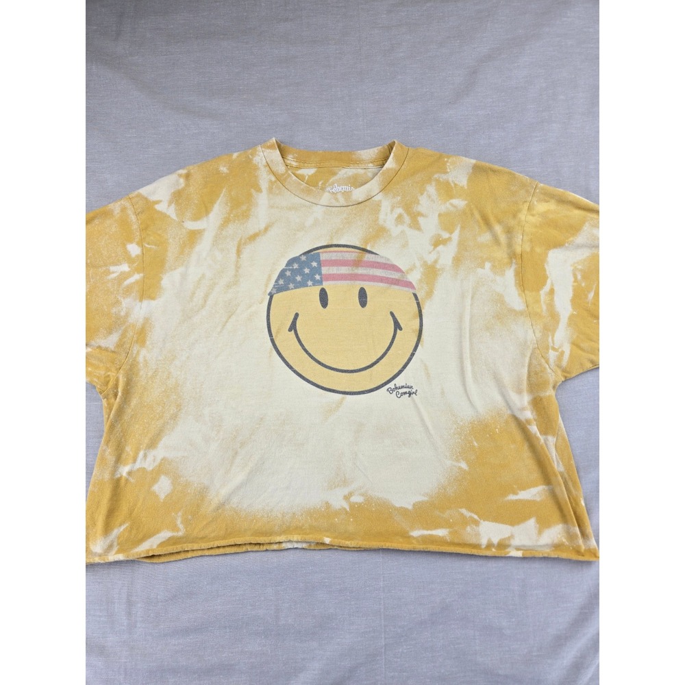 Bohemian Cowgirl Mustard Acid Wash Smiley Face‎ USA Flag Cropped Tee XL